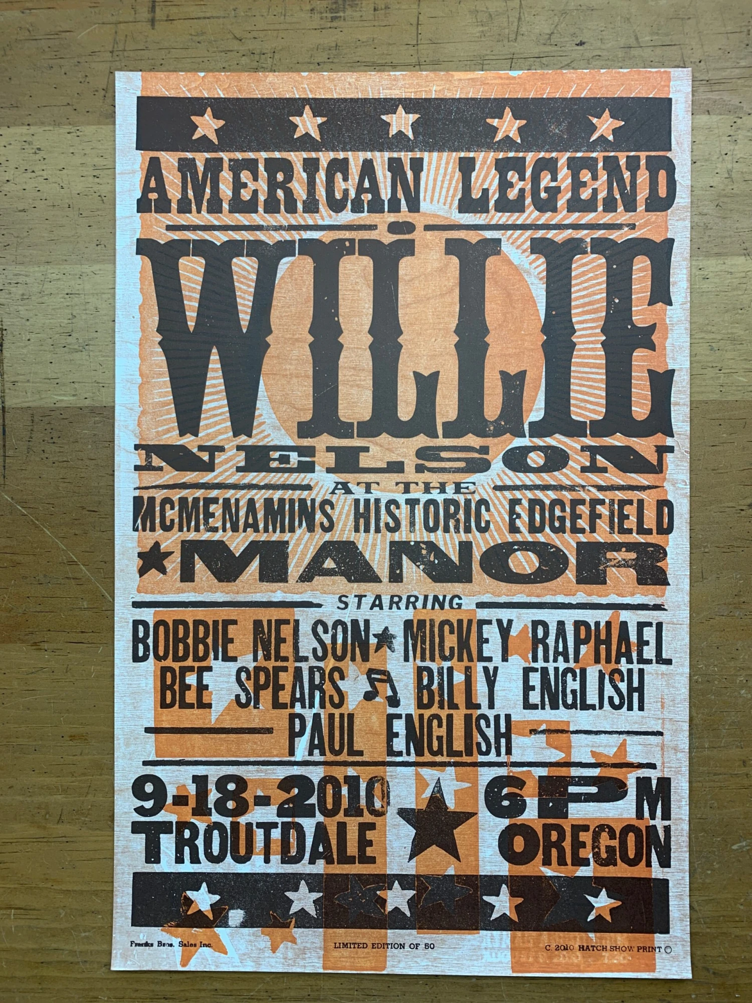 Willie Nelson - 2010 Hatch Show Print 9/18 Poster Troutdale, OR 4 Willie Nelson - 2010 Hatch Show Print 9/18 Poster Troutdale, OR - Image 2