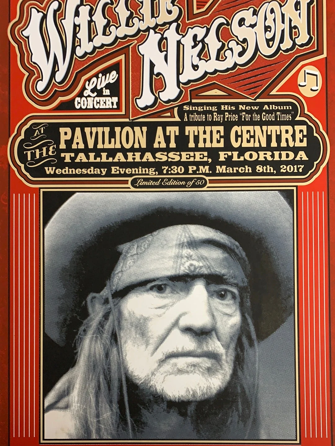 Willie Nelson - 2017 Mattole River Studios Poster Tallahassee, FL 3 Willie Nelson - 2017 Mattole River Studios Poster Tallahassee, FL
